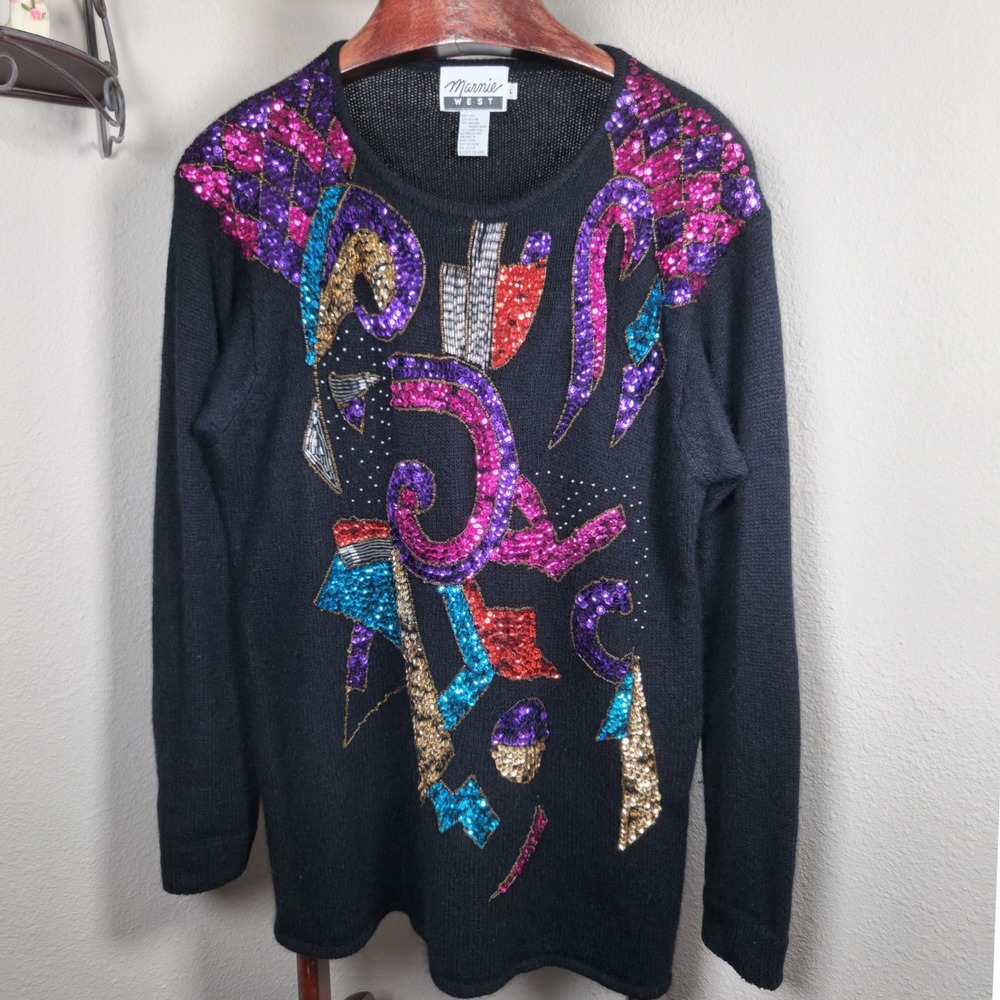 Vintage Marnie West‎ Sequin Beaded Angora Sweater Embellished Black Large